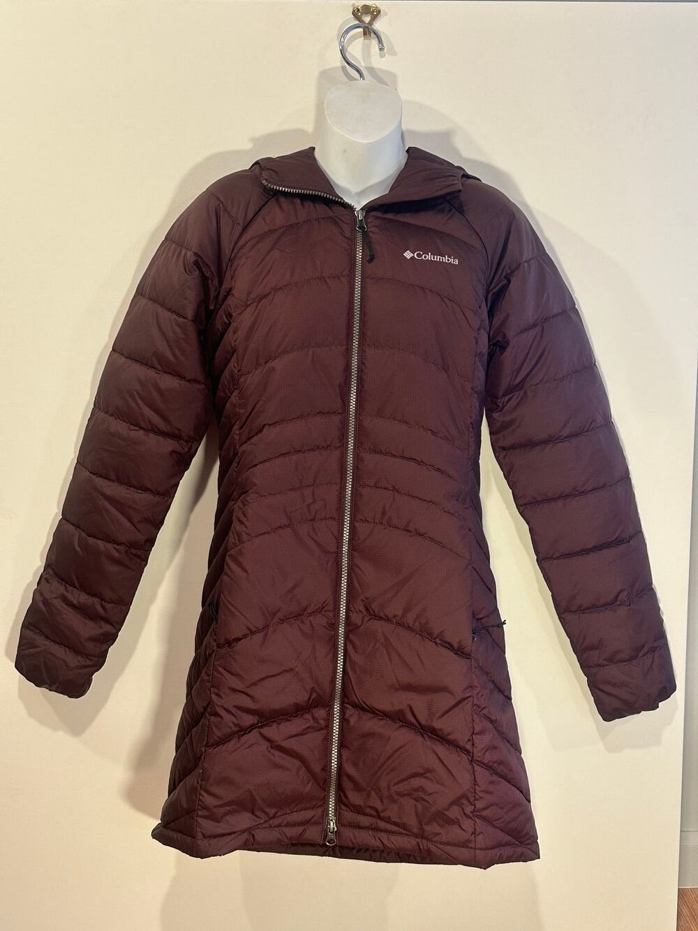 Columbia Maroon Burgundy Hooded Long Puffer Coat Insulated Parka Jacket Sz S